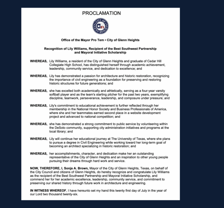 Glenn Heights City Council proclamation for Lily Williams