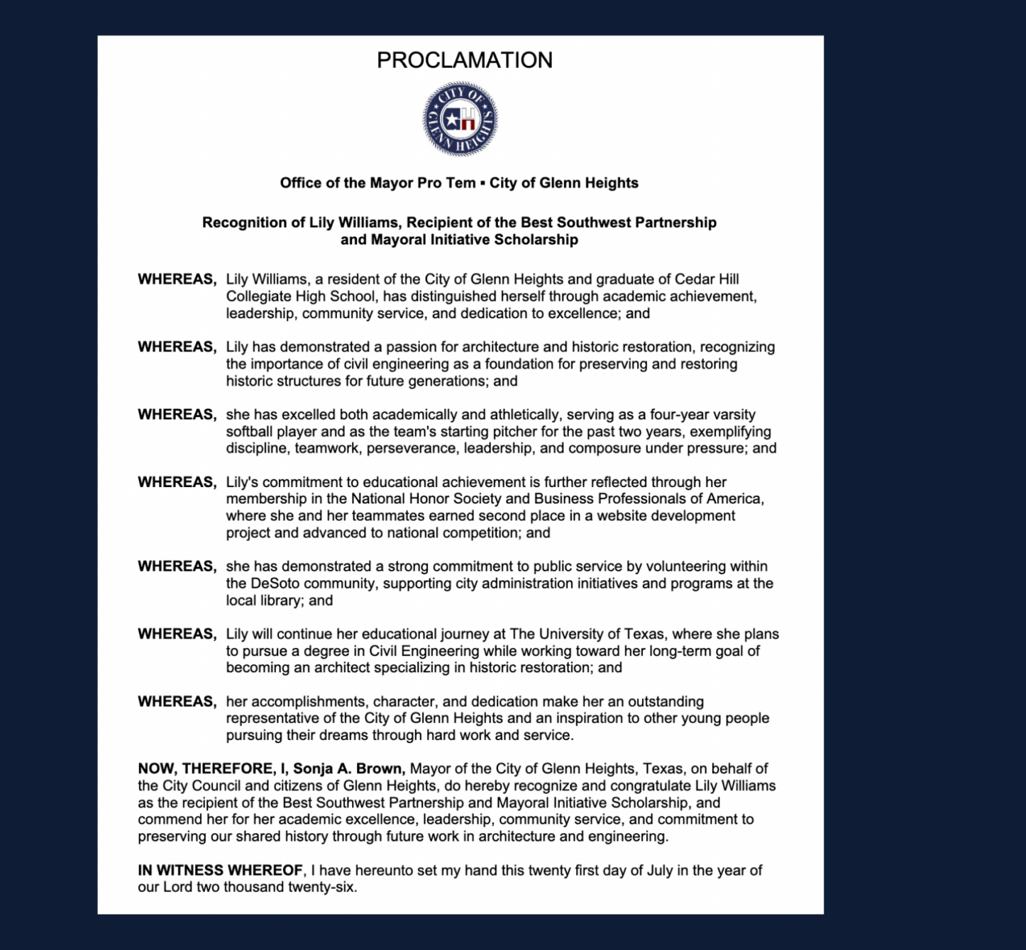 Glenn Heights City Council proclamation for Lily Williams