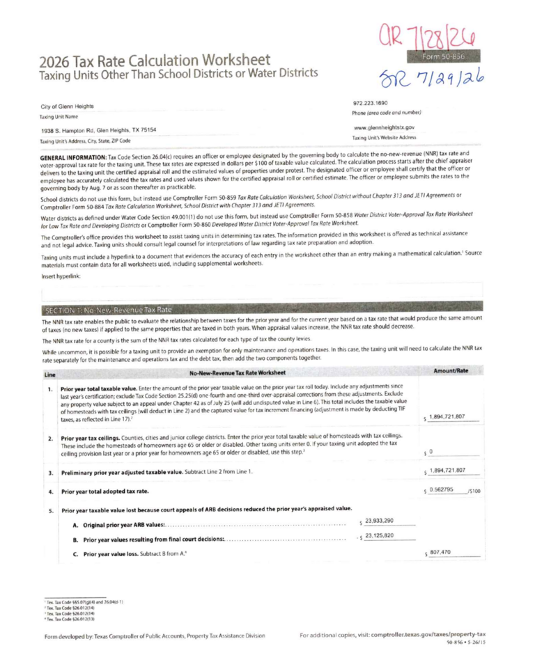 City of Glenn Heights 2026-2027 Tax Calculation Worksheet Page 1