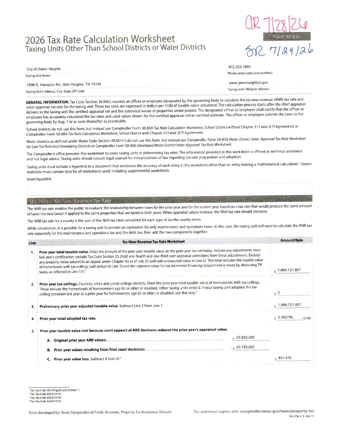 City of Glenn Heights 2026-2027 Tax Calculation Worksheet Page 1