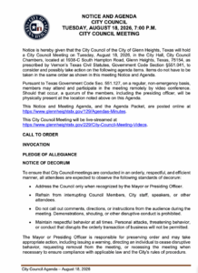 Glenn Heights City Council Agenda August 18, 2026 with decorum notice. 
