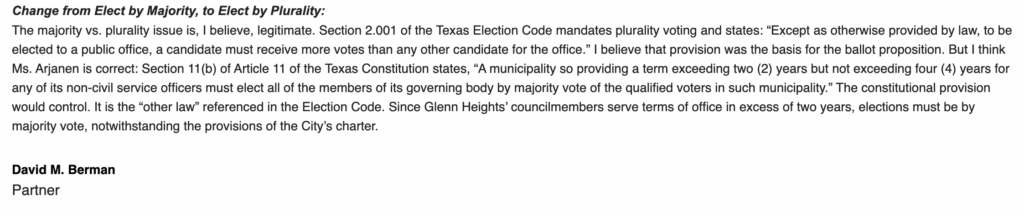 Former City Attorney David Berman concluded that the Texas Constitution's majority-vote requirement controls over the plurality provision approved by Glenn Heights voters in November 2025. The opinion was forwarded by City Manager Clifford Blackwell on Aug. 21.