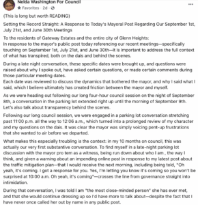 Screenshot of Councilwoman Nelda Washington's Post September 2026